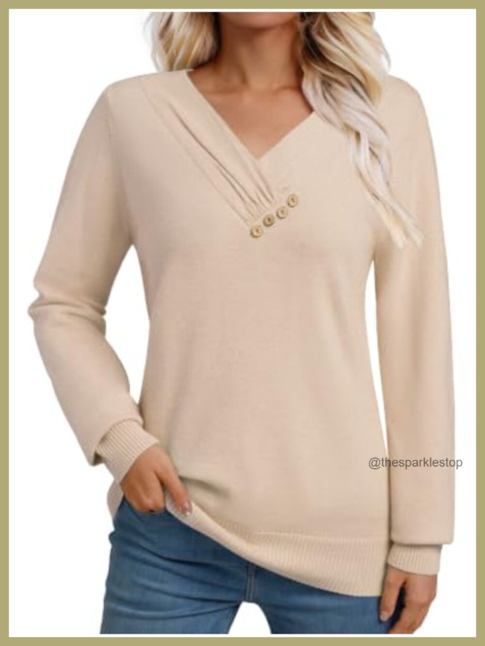 Women's Long Sleeve V-Neck Pullover Sweater Ribbed Knit Tunic Button Top